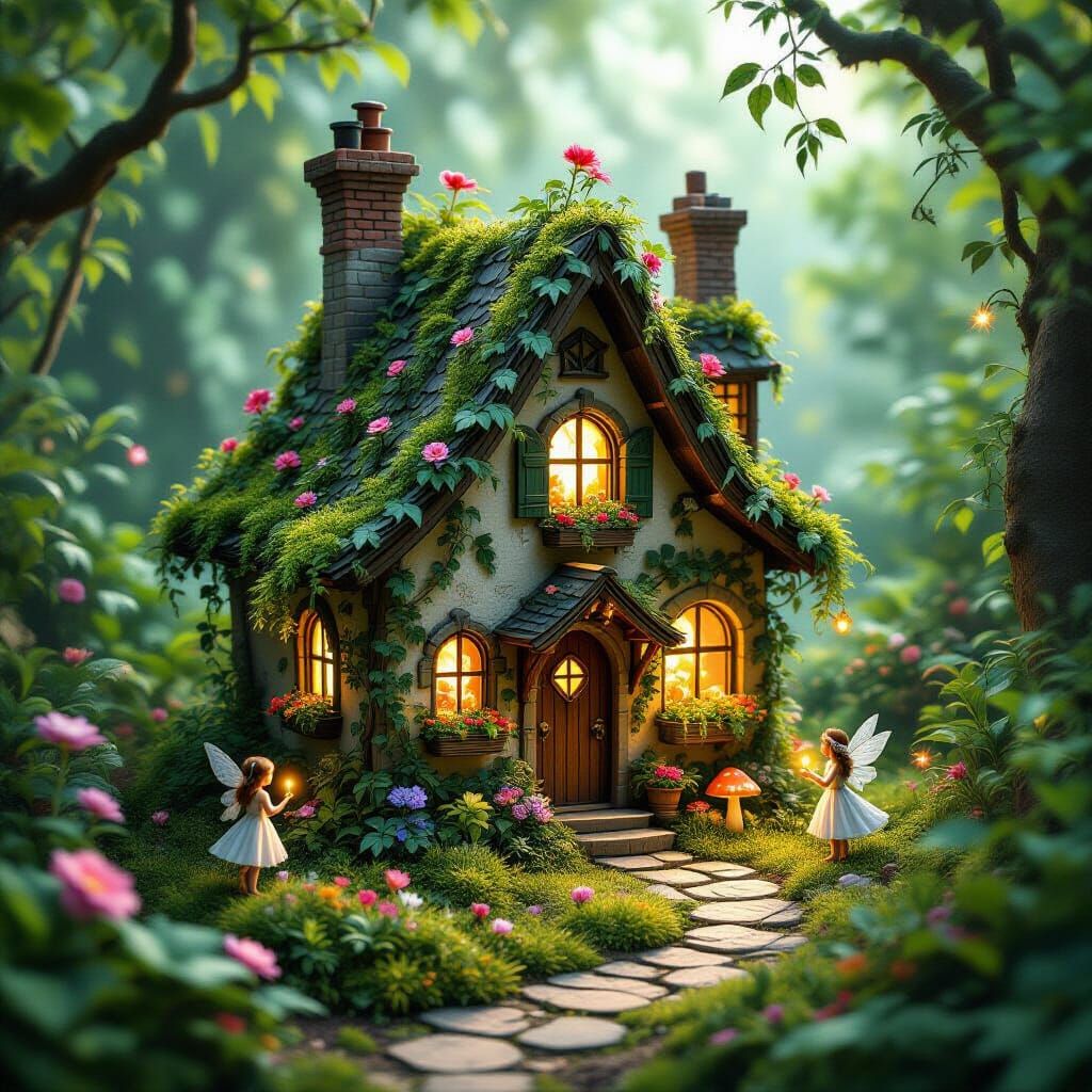 Miniature Cottage Terrarium with Fairies, Fantasycore Style