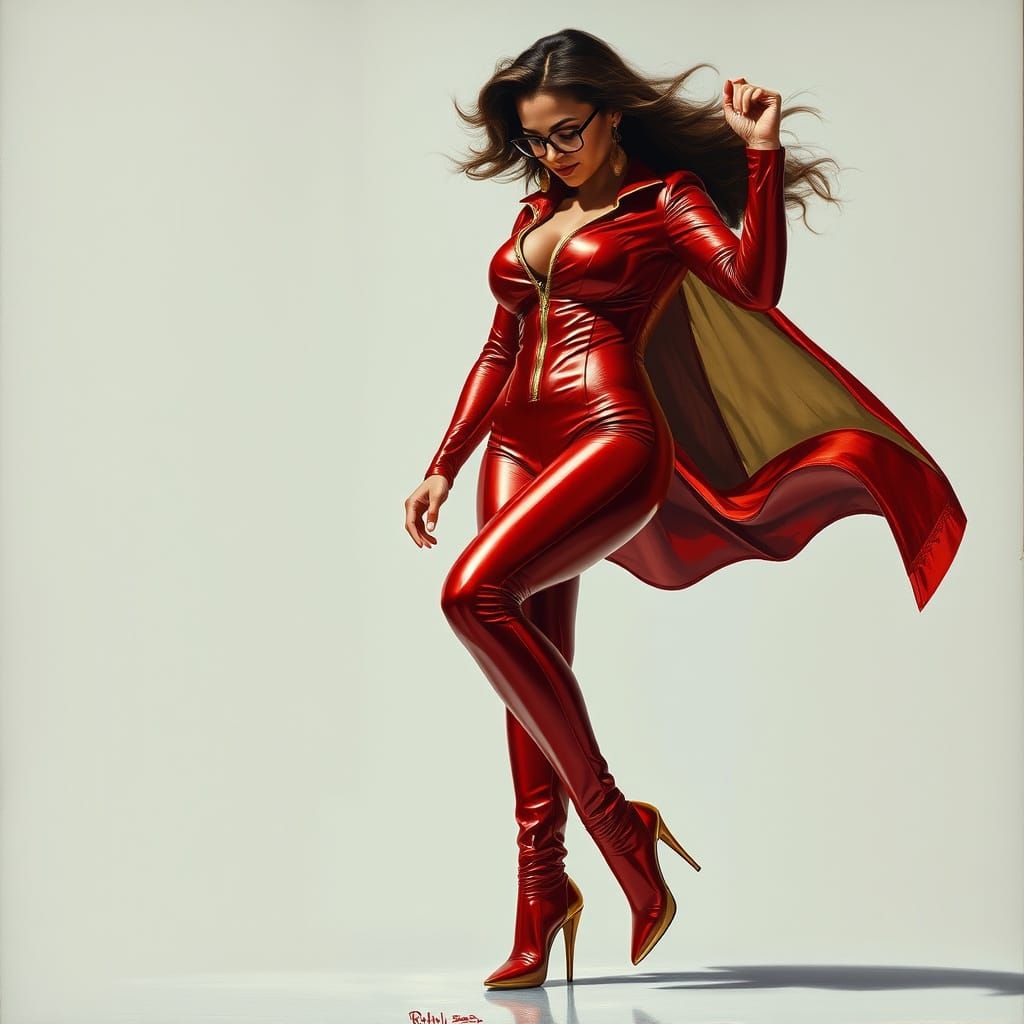 Superheroine Landing in Gurney-Style Oil Painting