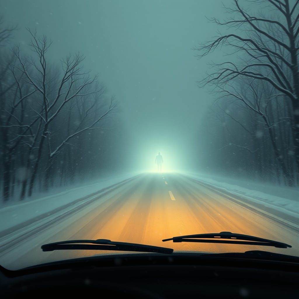 Ethereal Encounter on a Snow-Shrouded Highway
