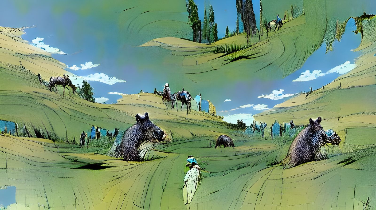 Pastoral Scene with Forest Creatures in Graphic Style