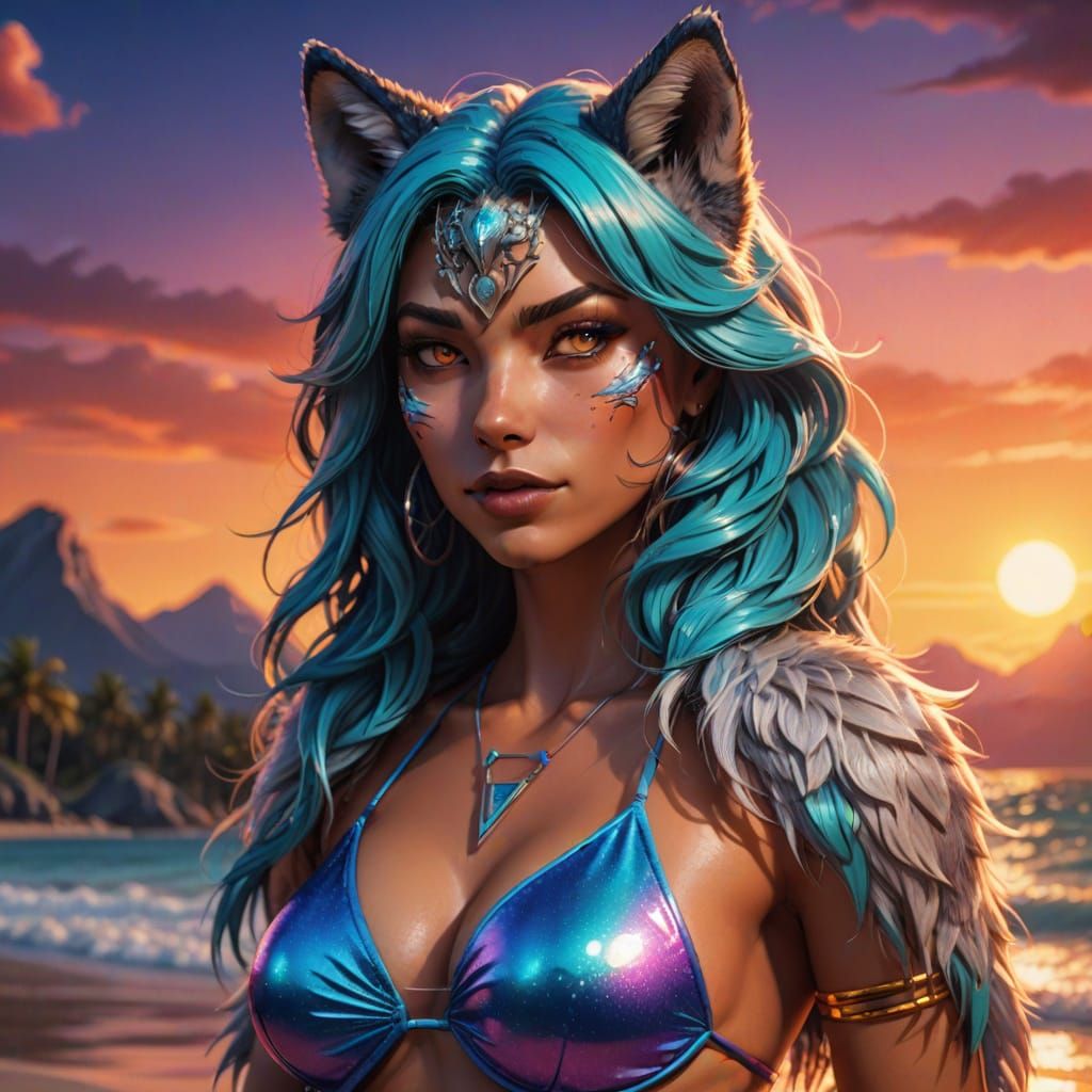 Wolf-Woman Hybrid in Bikini: Fantasy Illustration