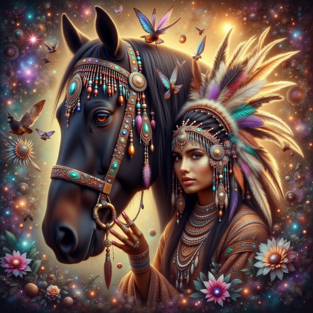 Native American Woman with Horse in Fantasy Art Style