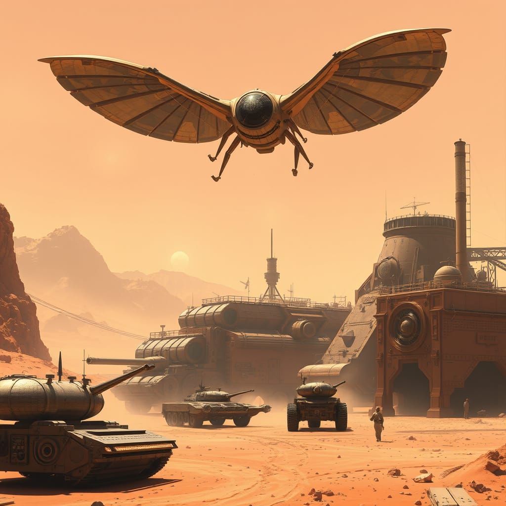 Ornithopter Over Arrakis: Steampunk Sci-Fi Landscape