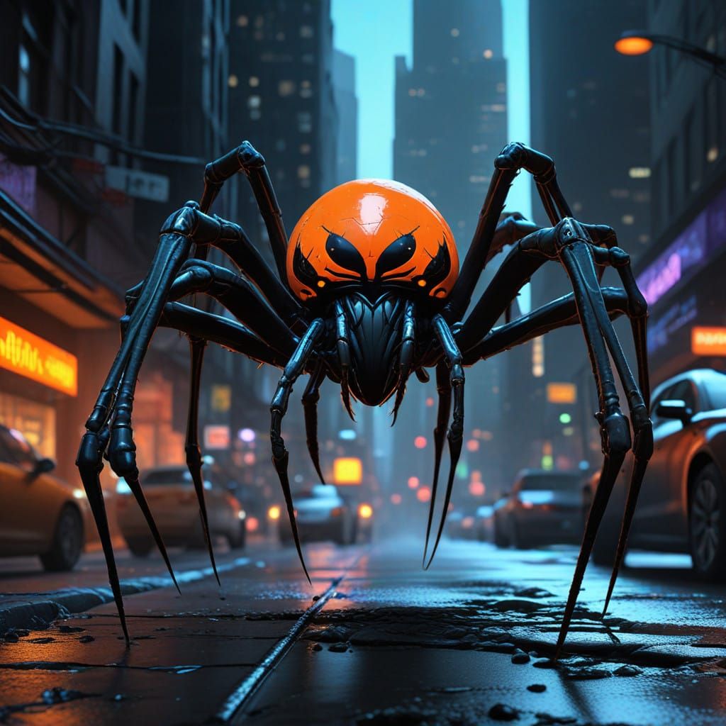 Cyberpunk Alien Spider Creature with Unnatural Angles and Ne...