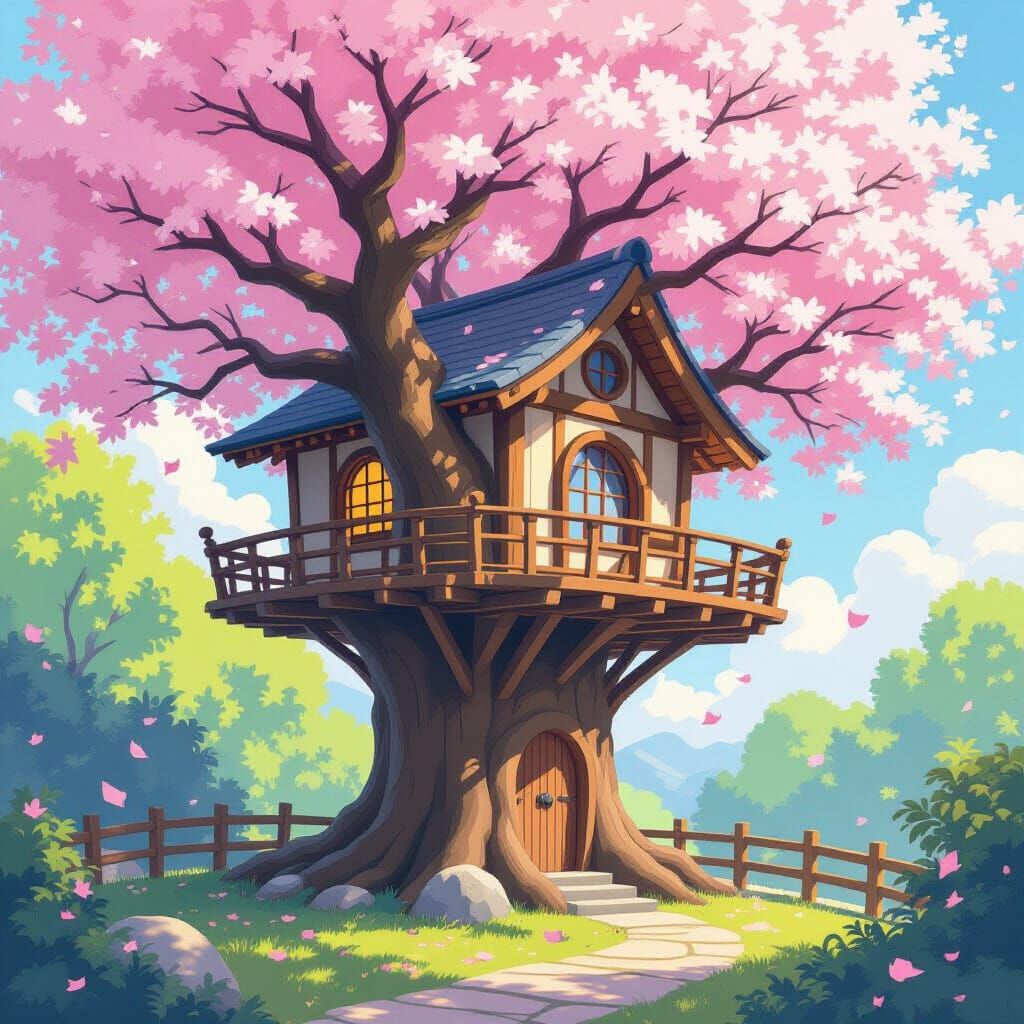 Massive Cherry Blossom Treehouse in Gentle Breeze