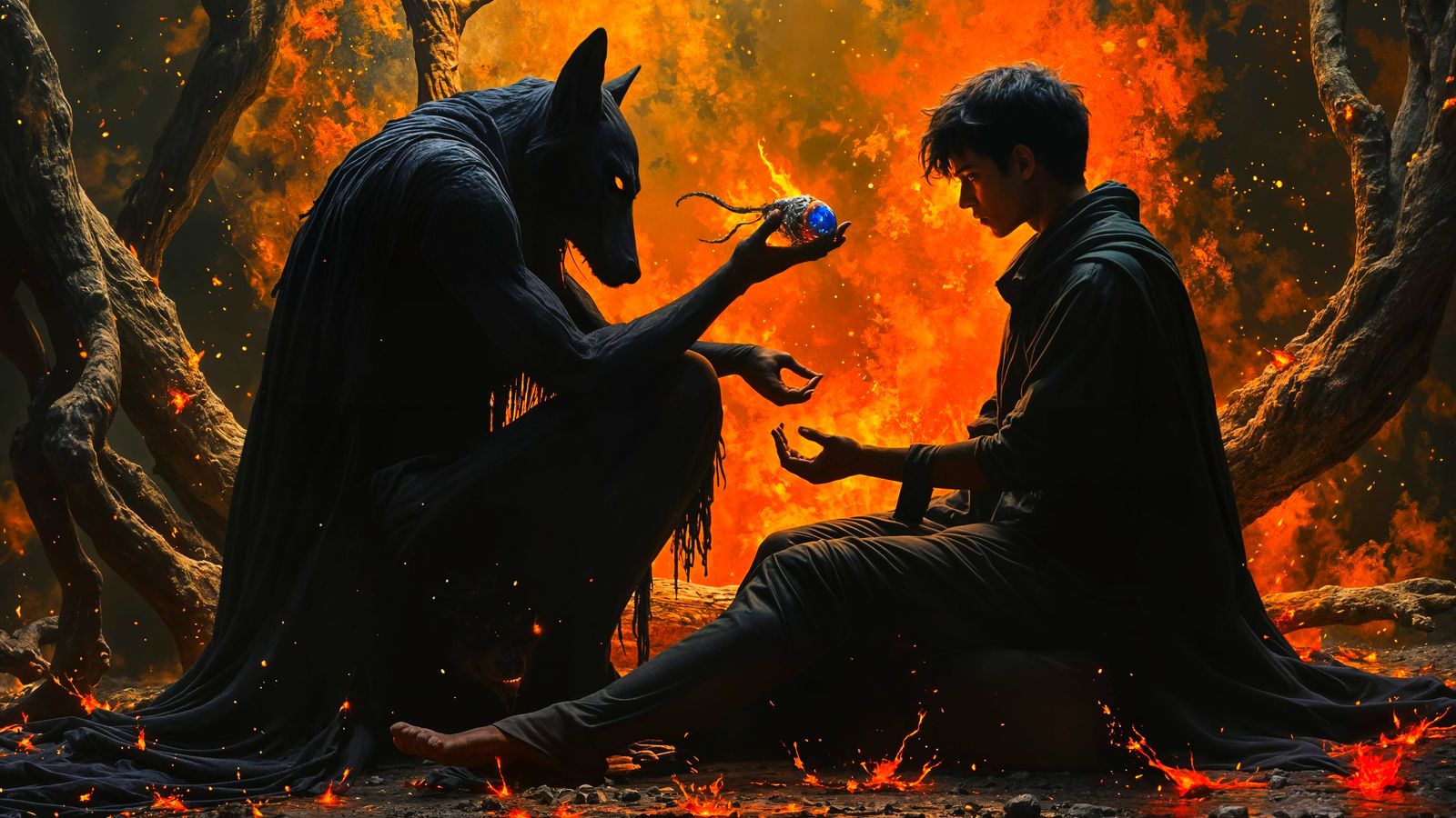 Dark Fantasy Oil Painting: Young Magician and Wolf