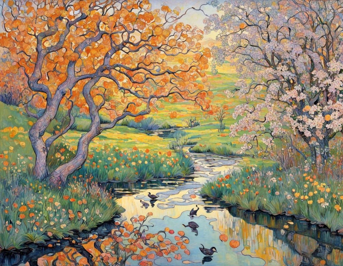 Spring River Landscape in Whimsical Art Style