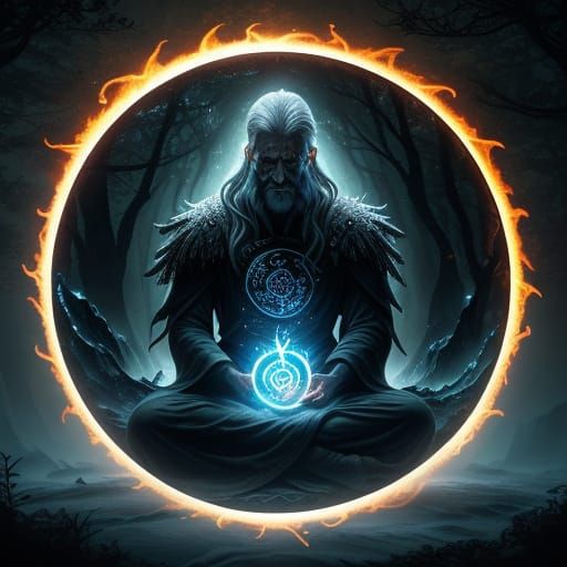 Wise Man Meditating Amidst Swirling Fire and Ice