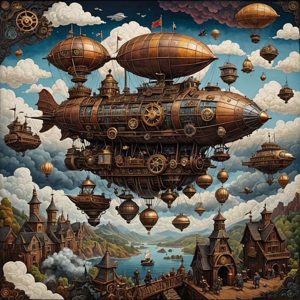 Steampunk Airship Adventure in Quilt Art Style