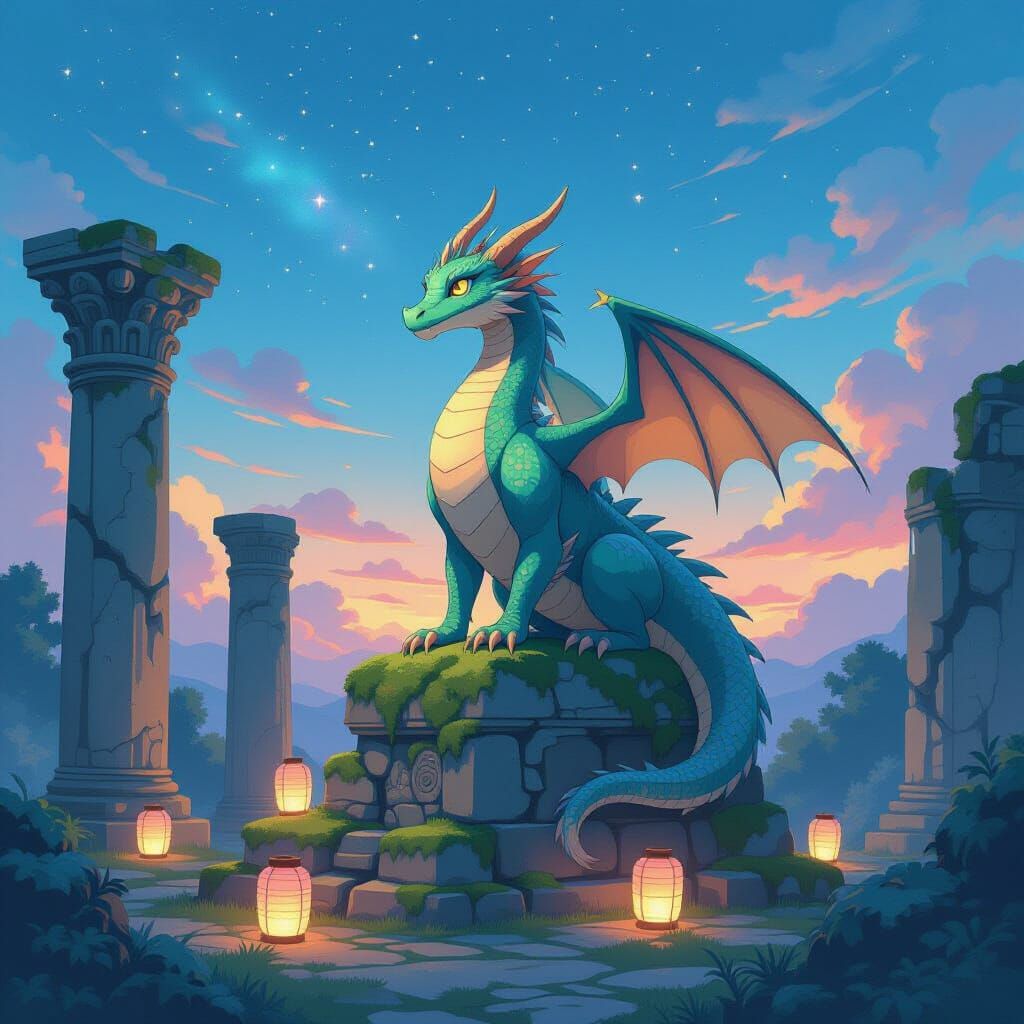 Studio Ghibli Dragon on Ancient Ruins