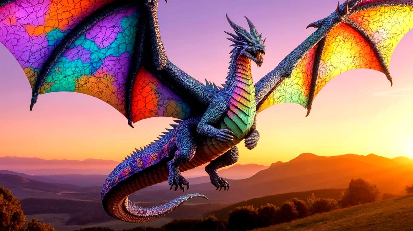 Epic Dragon Soars Through Vibrant Sunset Landscape