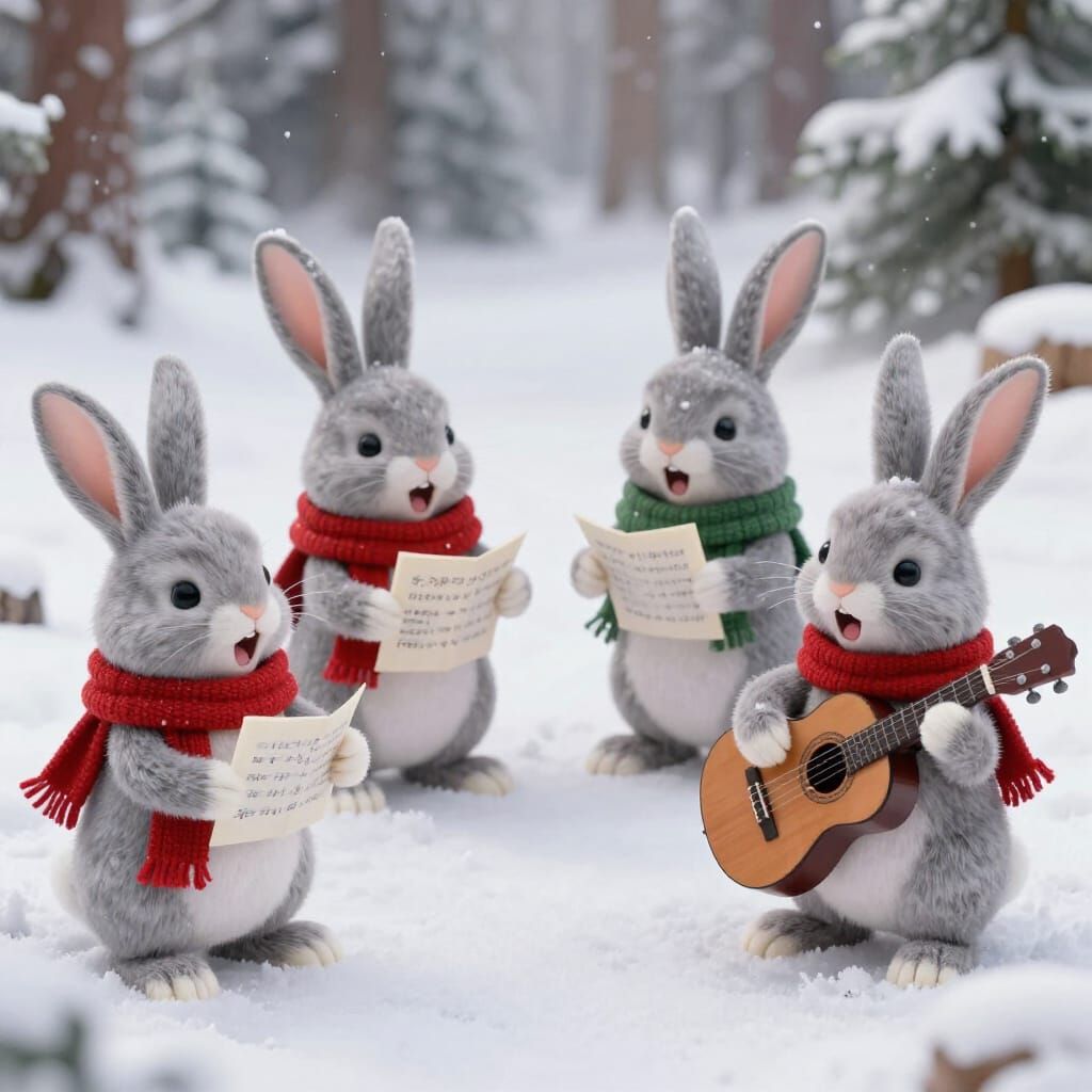 Cute Rabbits Sing Carols in Snowy Norman Rockwell Style