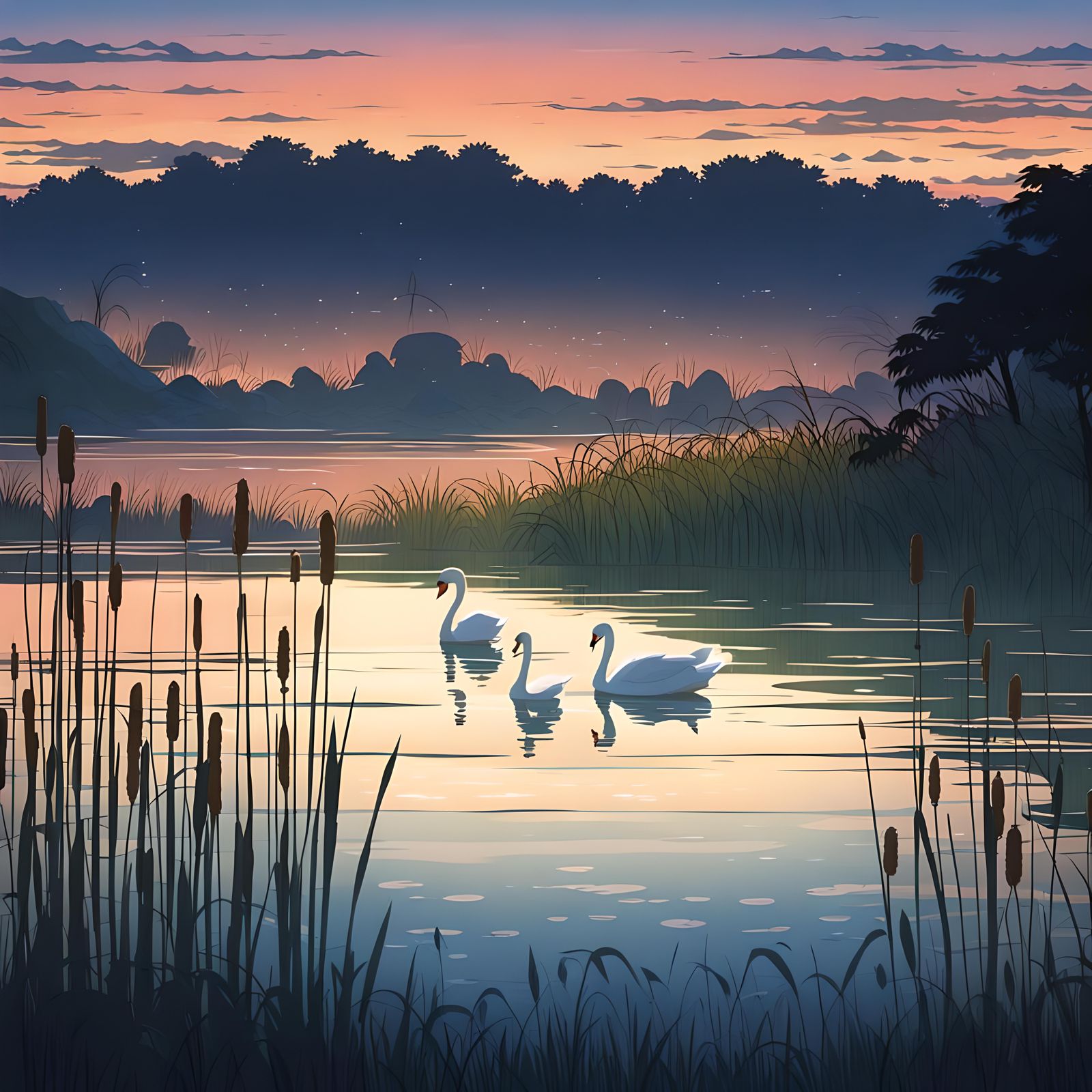 Serene Lake Scene with Swans: Studio Ghibli Style