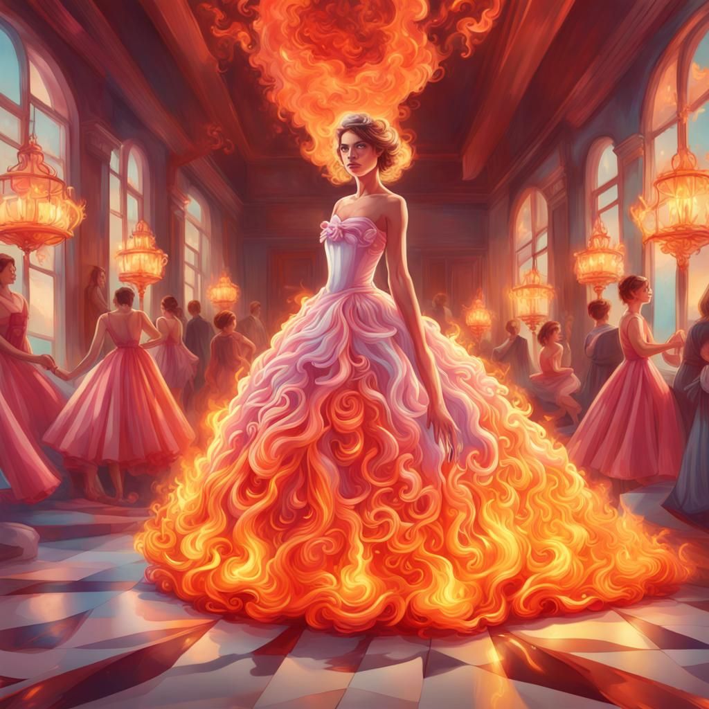 Girl's Flaming Dress Reveals Another, in Candy Art Style
