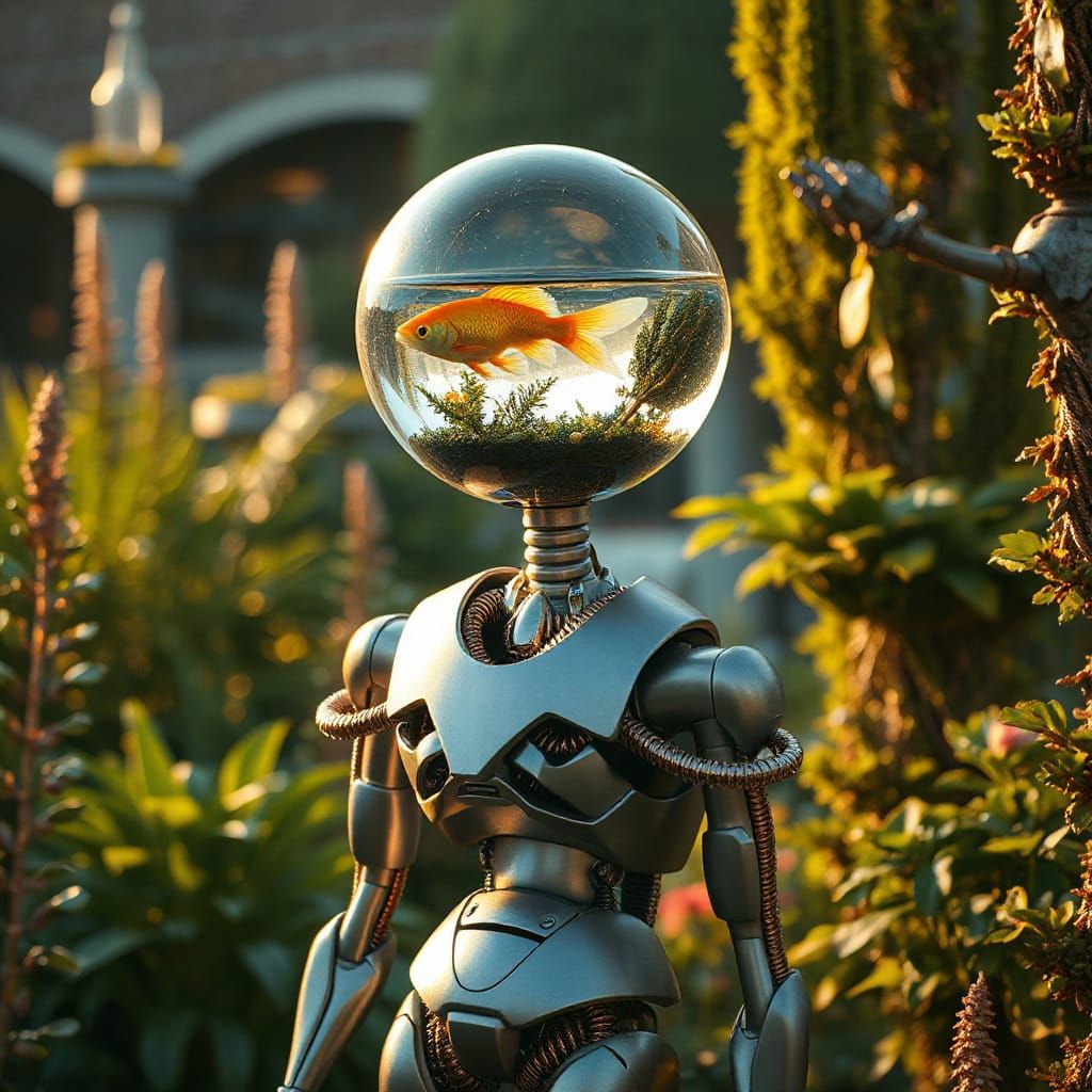 Futuristic Robot in Garden with Aquatic Sphere Head