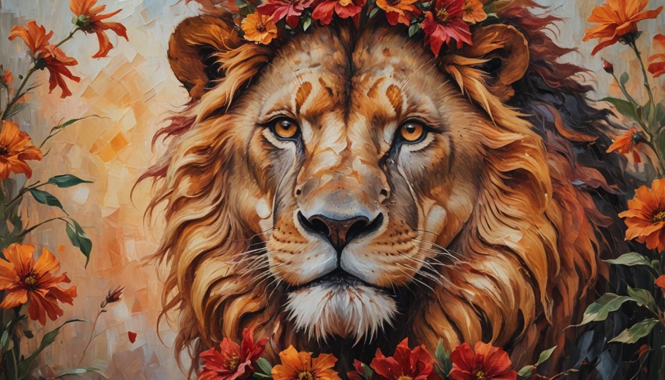 Vibrant Lion Portrait in Baroque Impasto Style
