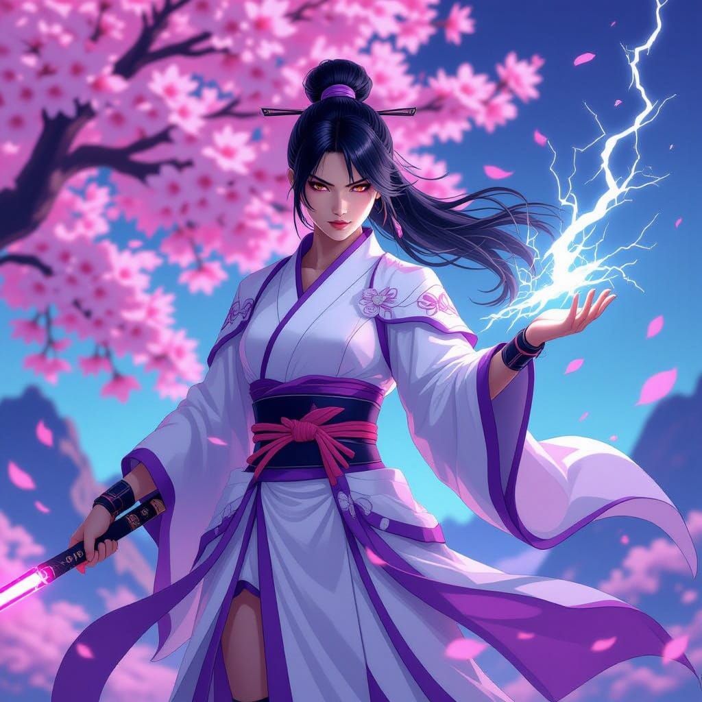 Raiden Shogun with Lightning in Synthwave Style