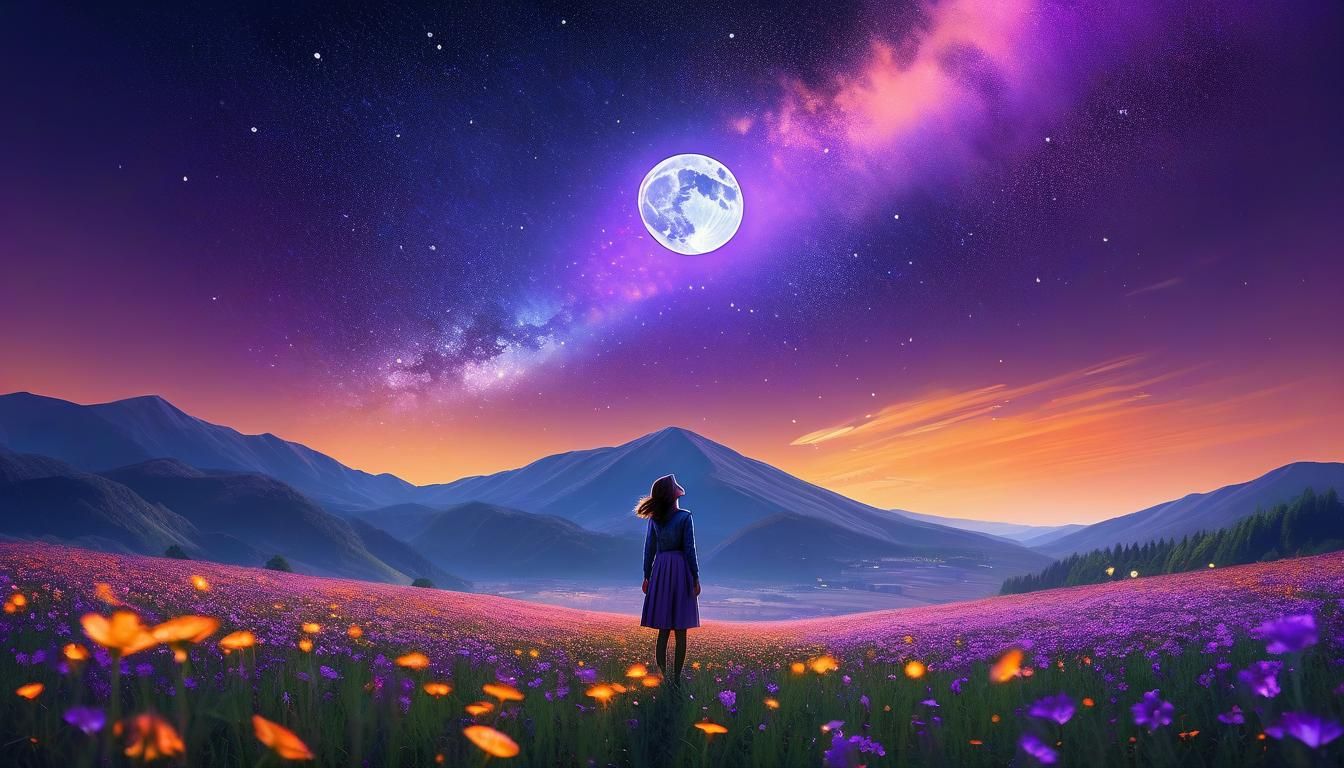 Dreamy Landscape with Woman, Moon, and Stars
