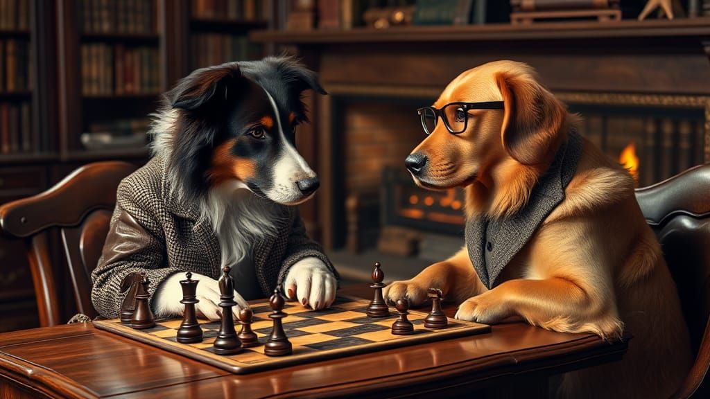 Dogs Playing Chess in a Cozy Study, Rockwell Style