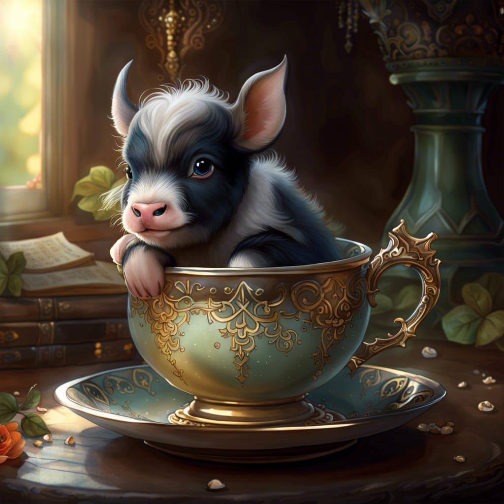 Baby Cow in Elven Teacup: Fantasy Art