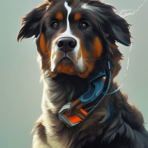 Cyborg Bernese Mountain Dog Portrait in Digital Art