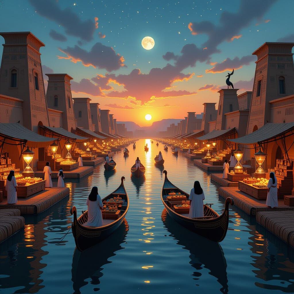 Surreal Egyptian Marketplace on Constellation-Reflecting Nil...