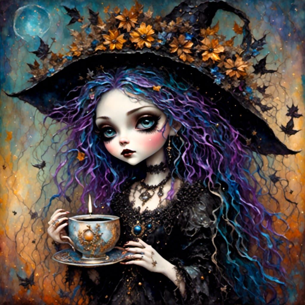Goth Witch in Sunset Glow with Coffee