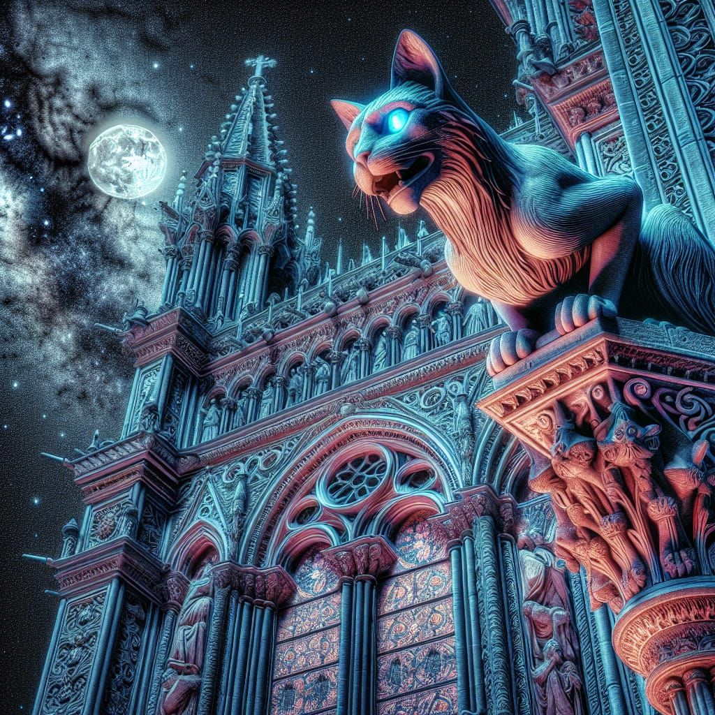 Cat Gargoyle Prowling a Cathedral on Moonlit Night