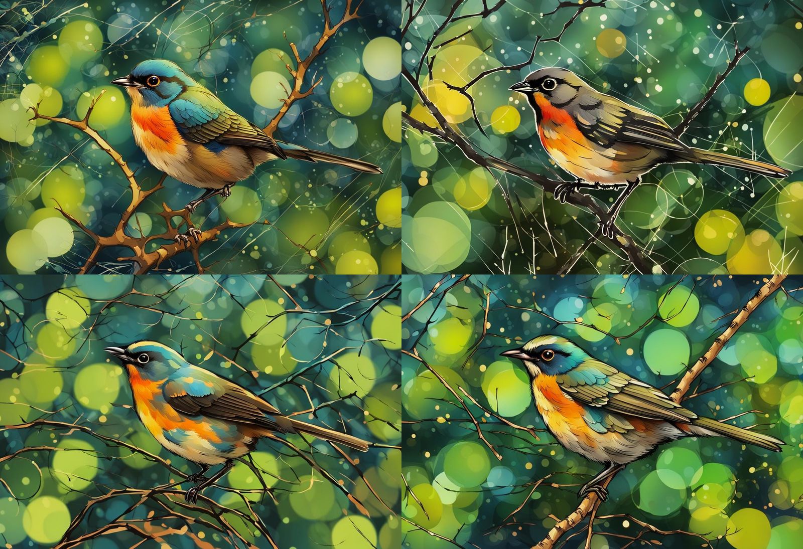 Songbird in Thicket with Bokeh Background in Ink