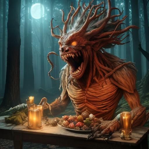 Terrifying Tree Monster in Dark Woods, 3D Render