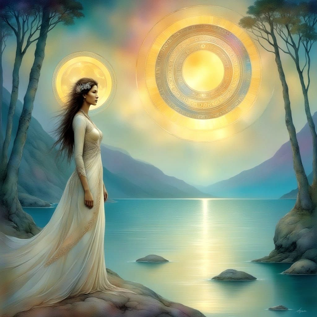 Ethereal River Goddess in Opulent Celestial Setting