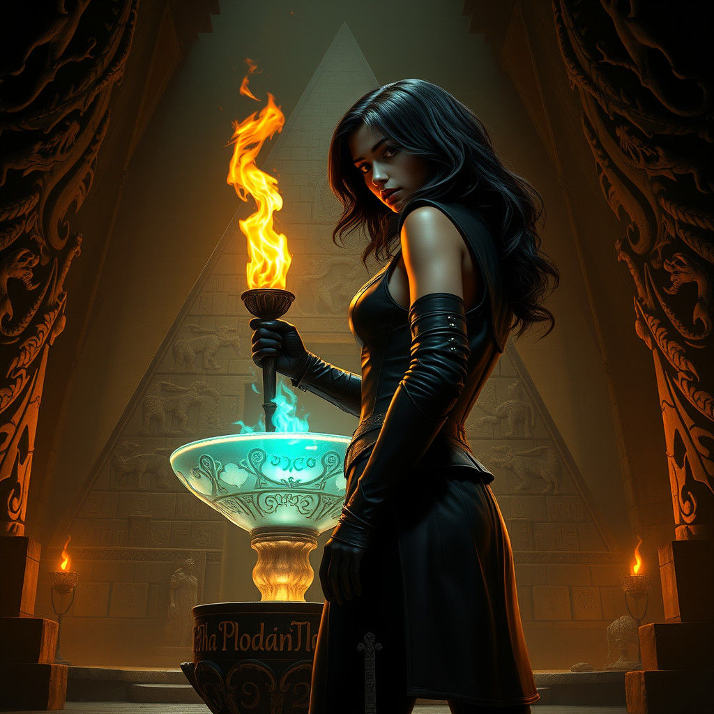 Raven-Haired Cavalier with Fiery Torch in Surreal Chamber