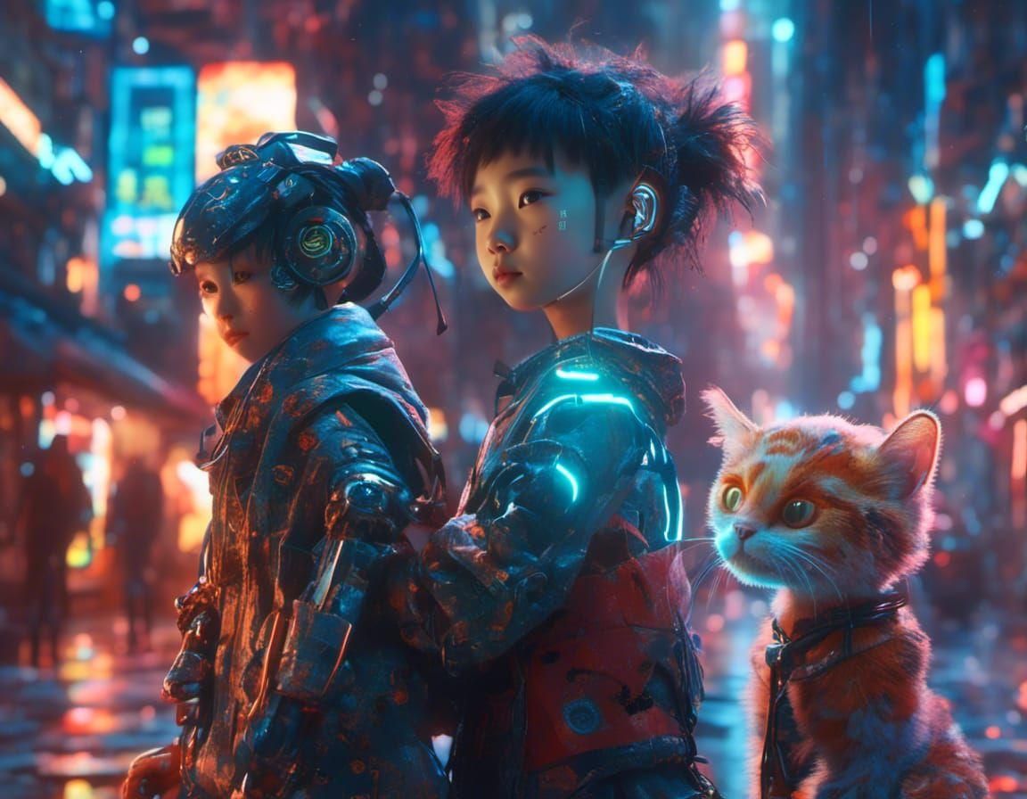 Cyberpunk Children and Robot in Bioluminescent Scene