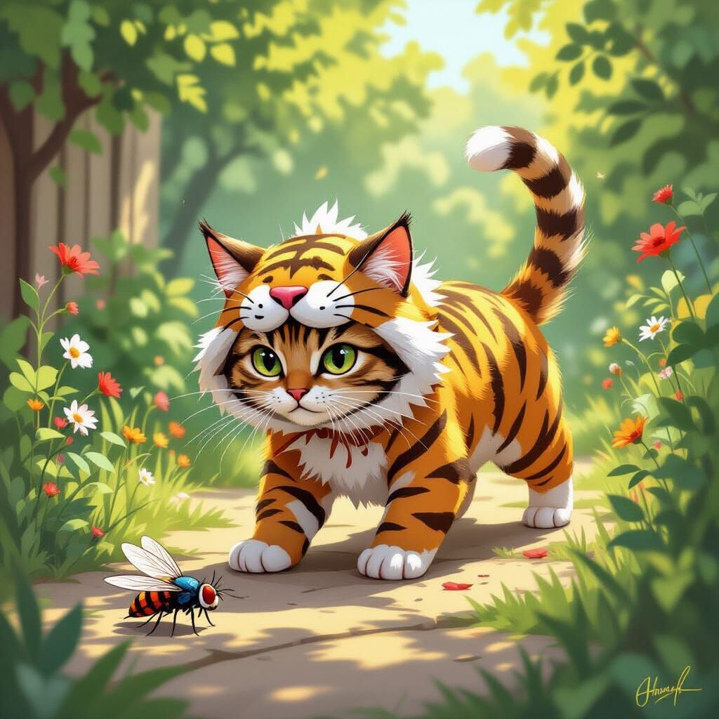 Whimsical Cat in Tiger Costume Stalks Fly in Garden