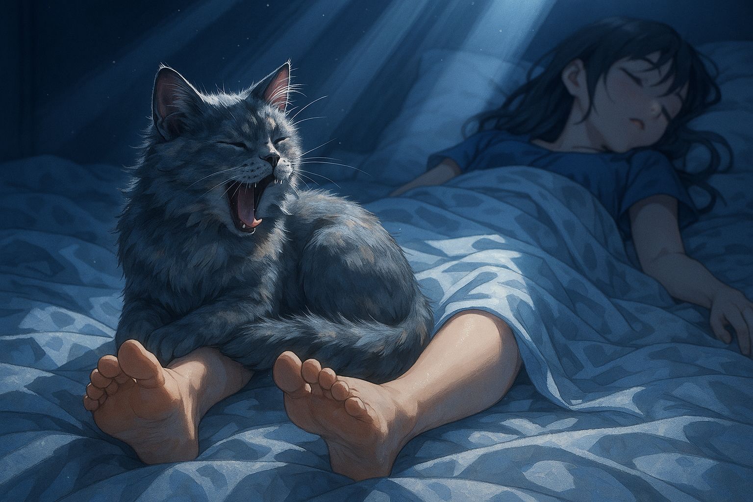 Anime Feet and Cat Bathed in Moonlight