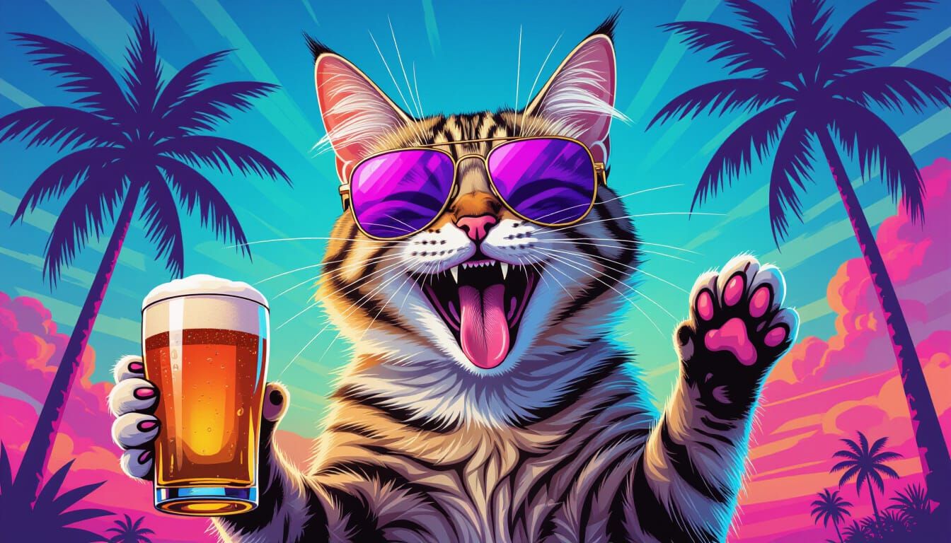 Cat with Sunglasses in Retro Synthwave Style
