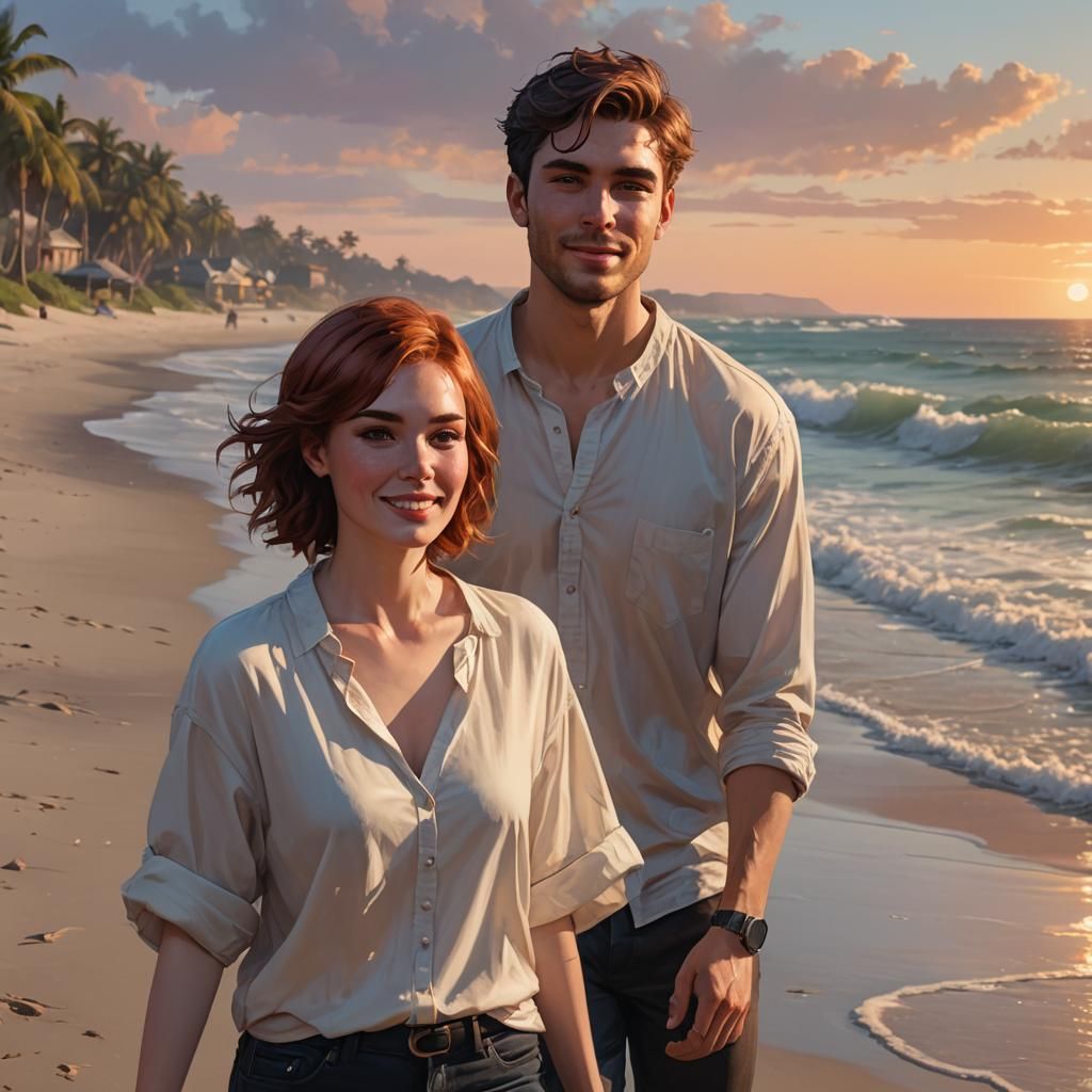 Sunset Beach Walk Portrait in Art Nouveau Style