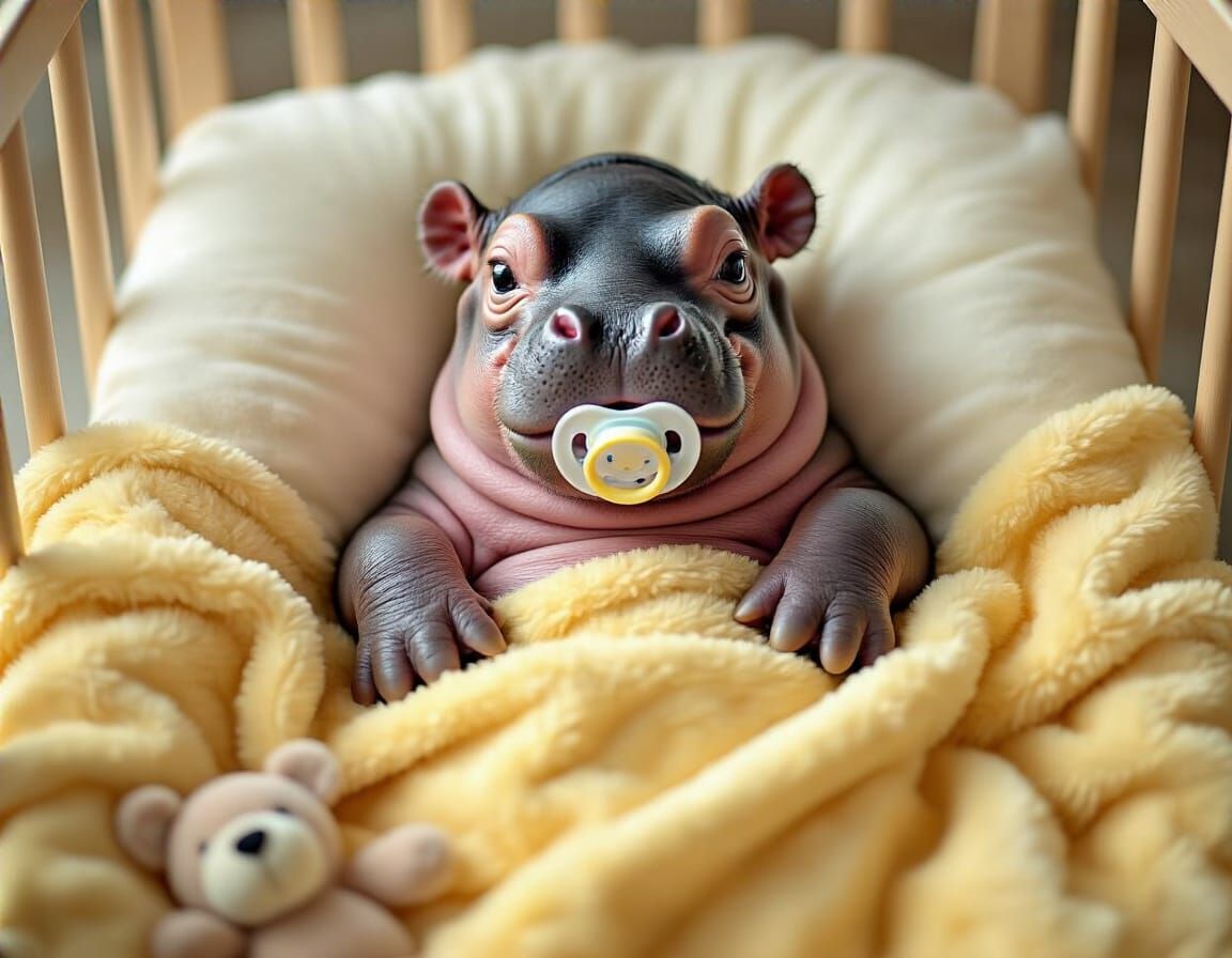 Hyperrealistic Baby Hippo in Cozy Cradle