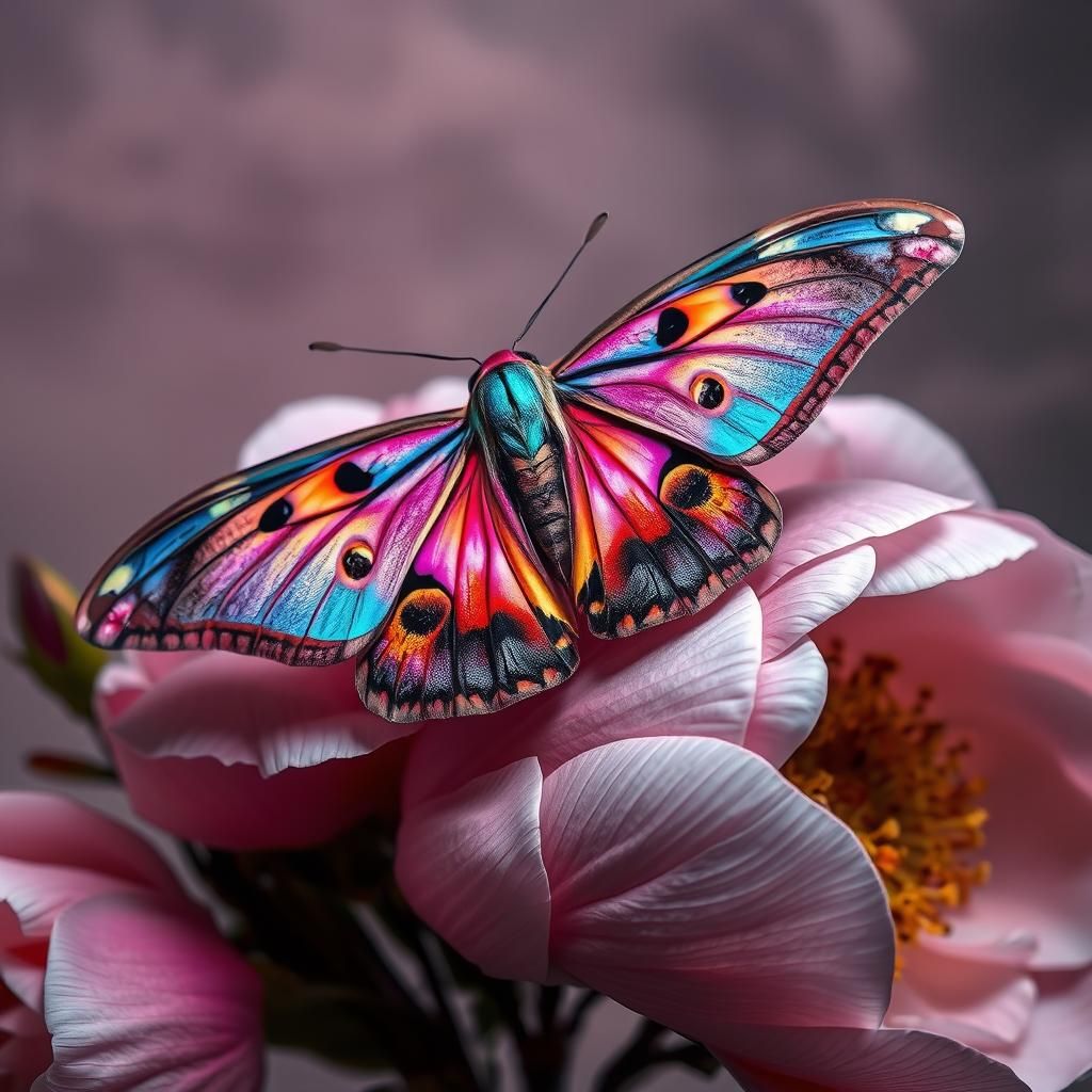 Iridescent Madagascan Sunset Moth on Peonies