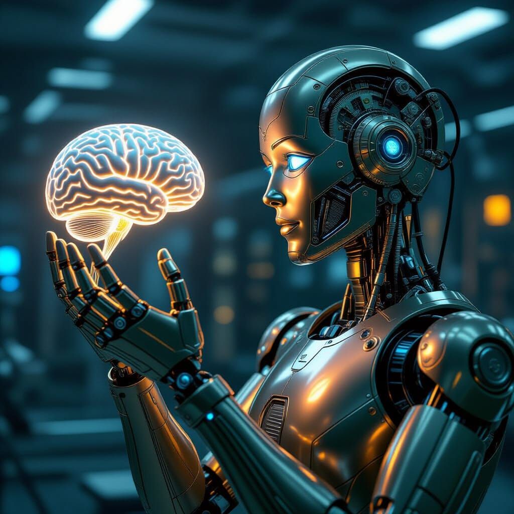 Futuristic Gilded Robot Examines Human Brain