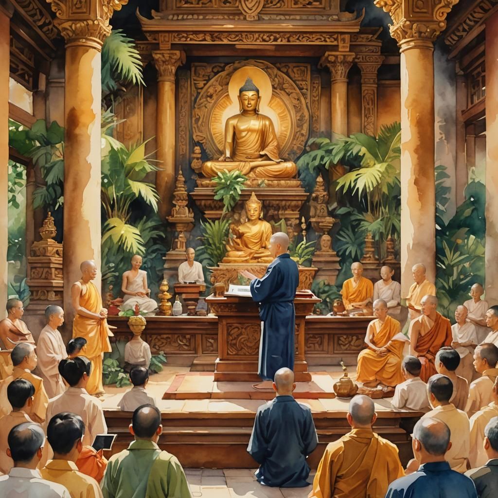 Buddhist Preacher Sermon in Vibrant Watercolor