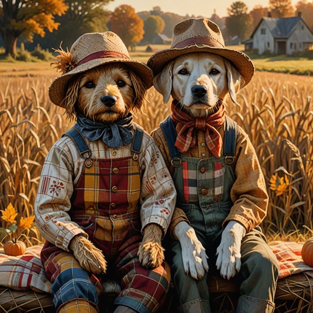 Charming Folk Art Scarecrow and Dog in Golden Hour Field