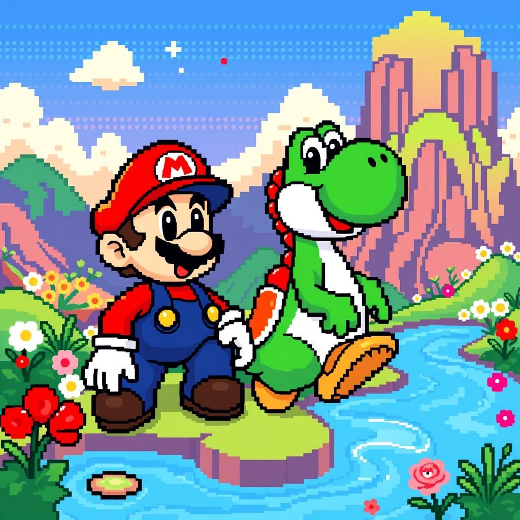 Super Mario and Yoshi in Pixelated Chibi Style