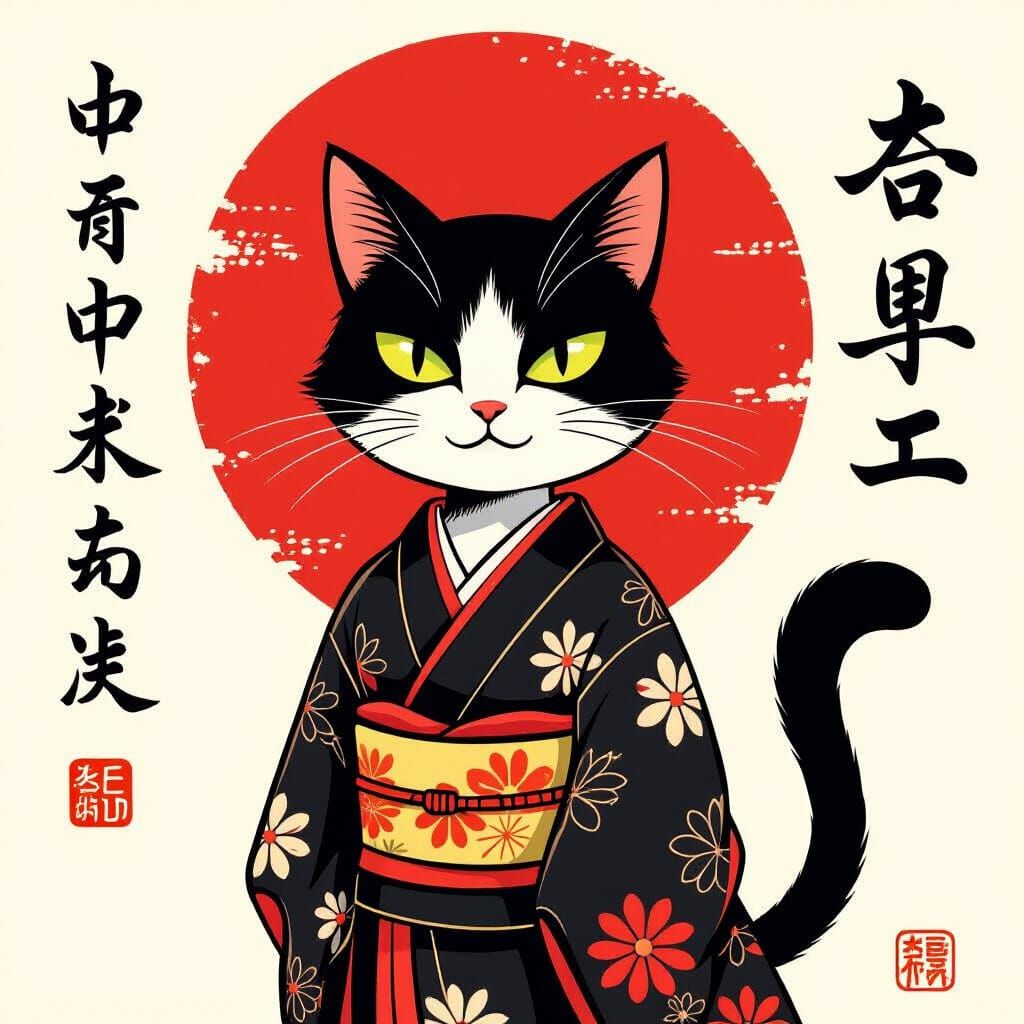 Black Cat in Kimono with Red Accents