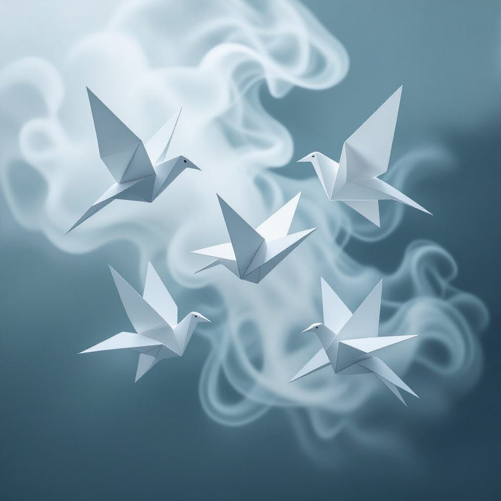 White Origami Birds Dissolving into Smoke: Conceptual Art