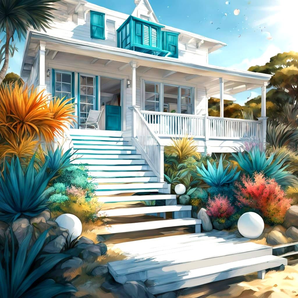 Girl Sits on Stairs of Australian Beach House in Vibrant Sea...