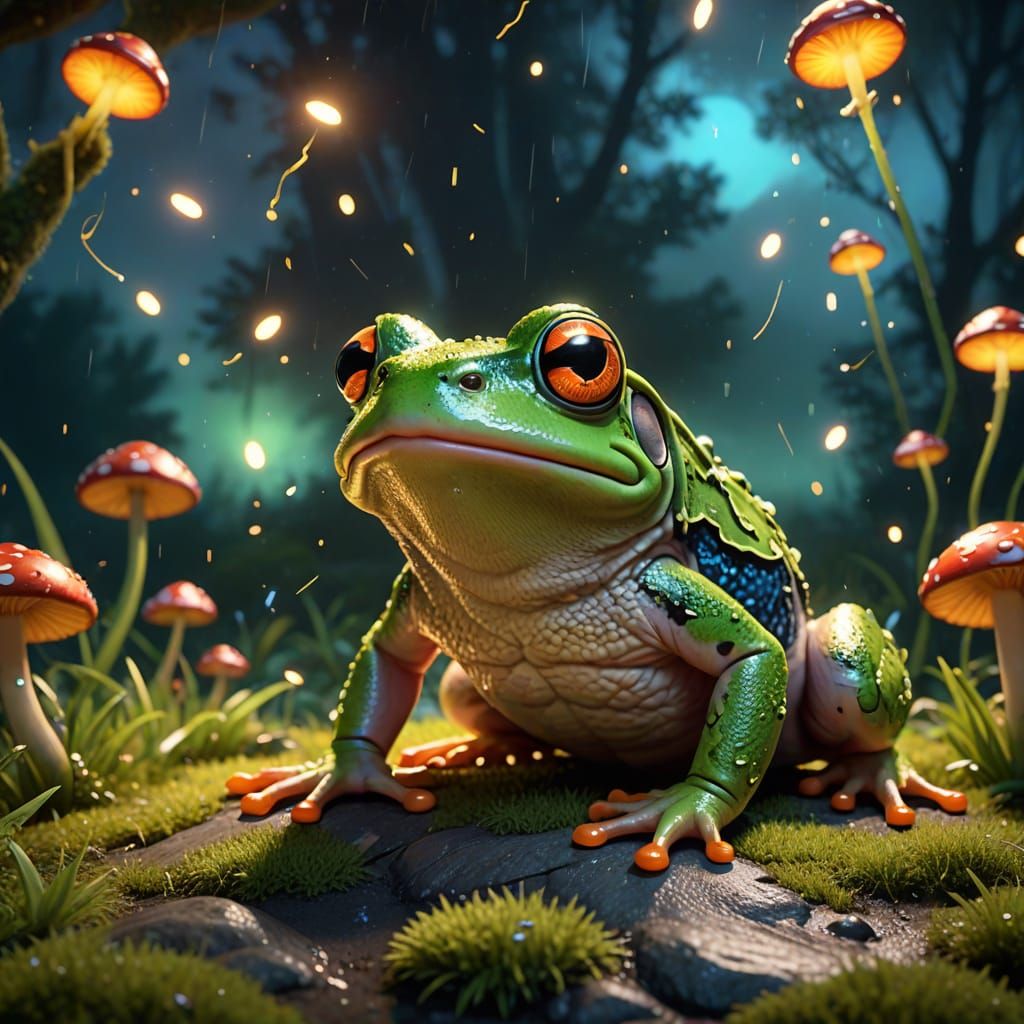Surprised Frog and Glowing Fly in Fantasy Cartoon Style