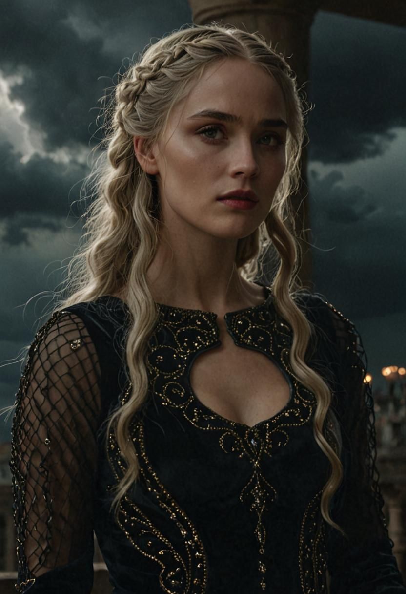 Medieval Lady on Balcony Overlooking Stormy Sky