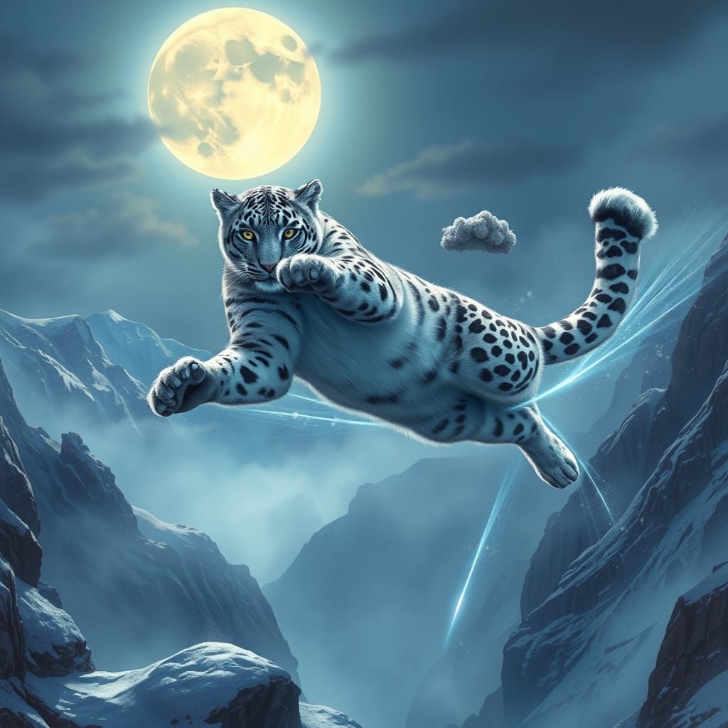 Snow Leopard Kung Fu Master Leaping Through Mountains