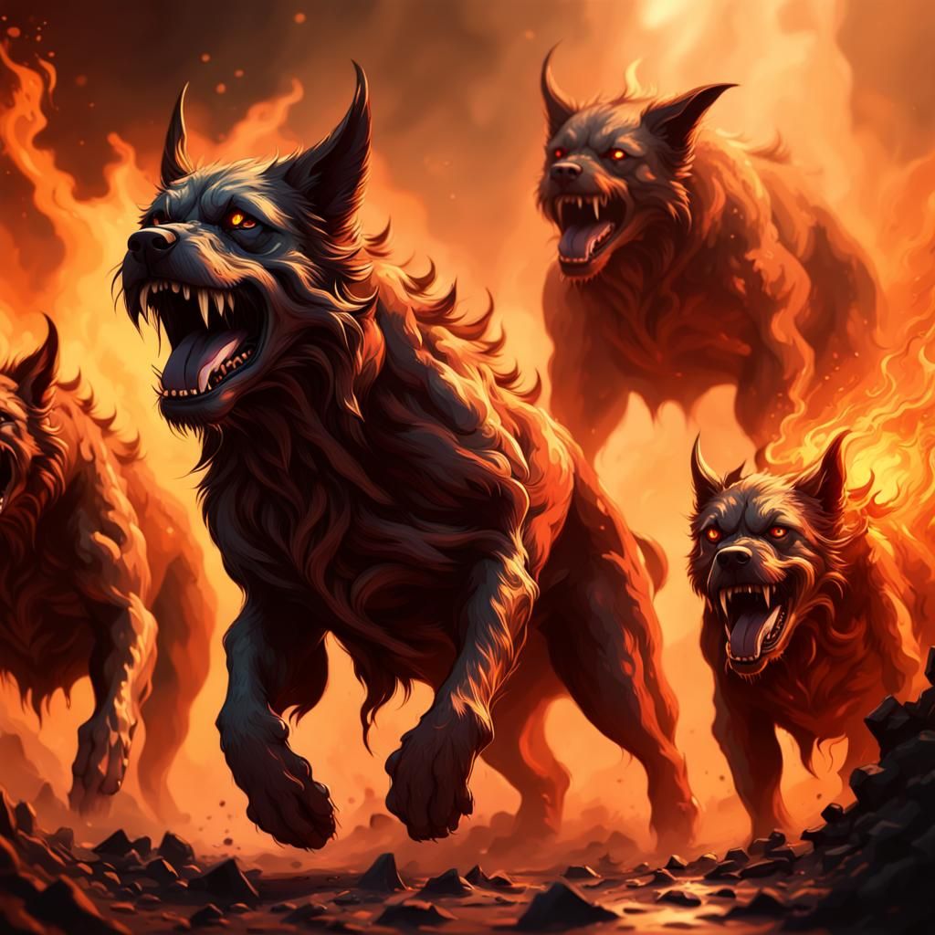 Hyperrealistic Cerberus Walks Through Hell